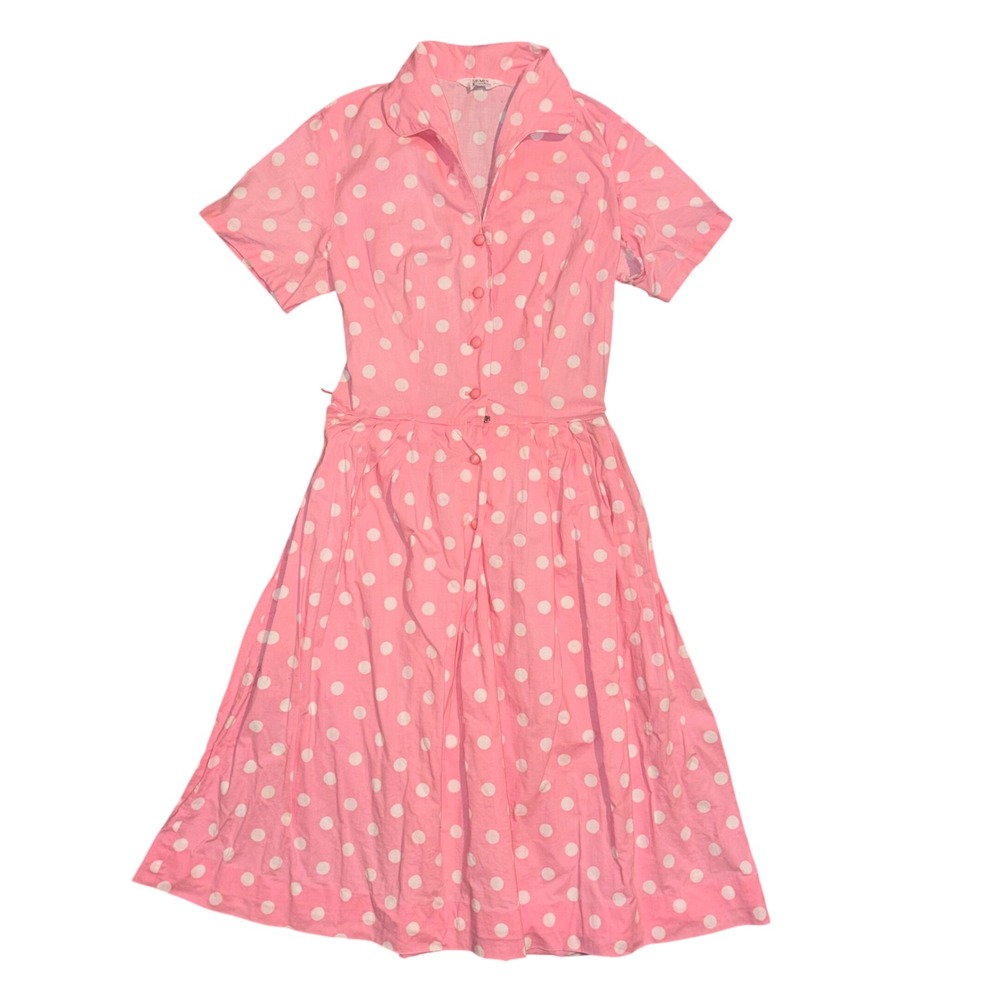 Vintage Sears Pink Polka Dot Shirtdress Rockabilly Fit & Flare Mid Century M